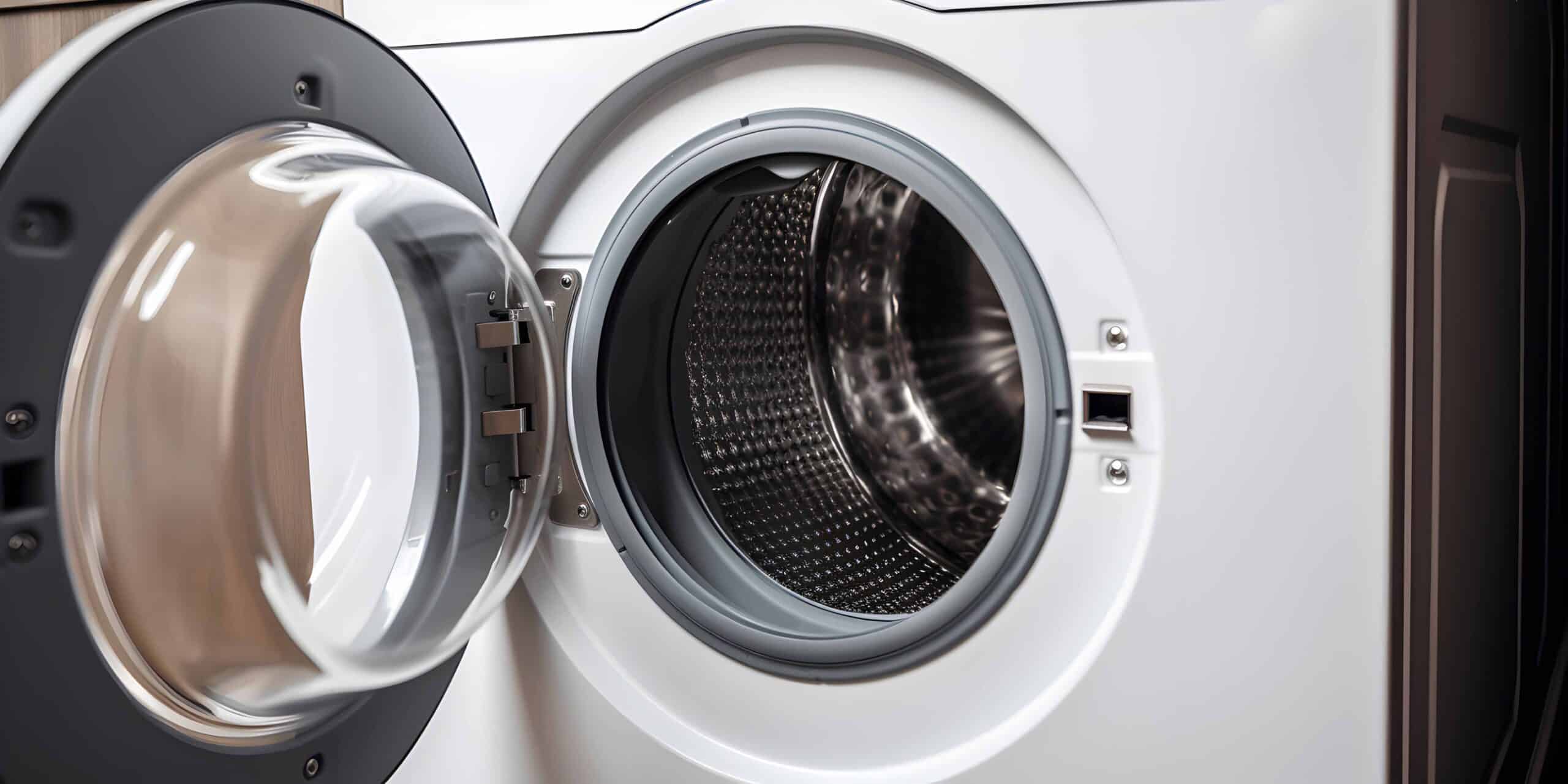 Detailed close-up of a washing machine's drum at a washing machi