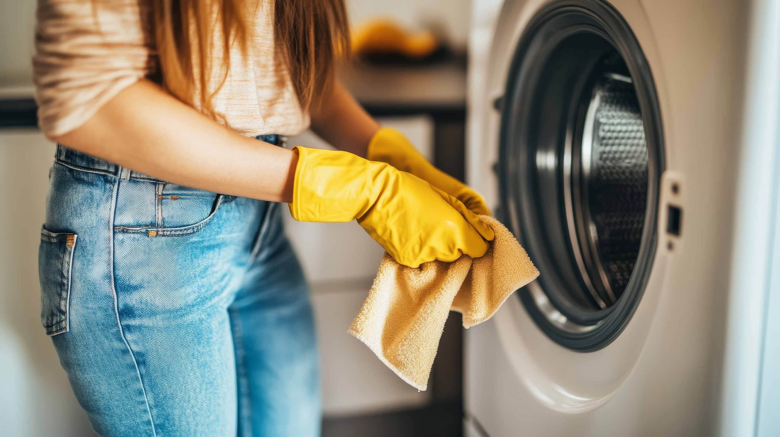 A close-up of a woman wearing rubber gloves diligently cleaning