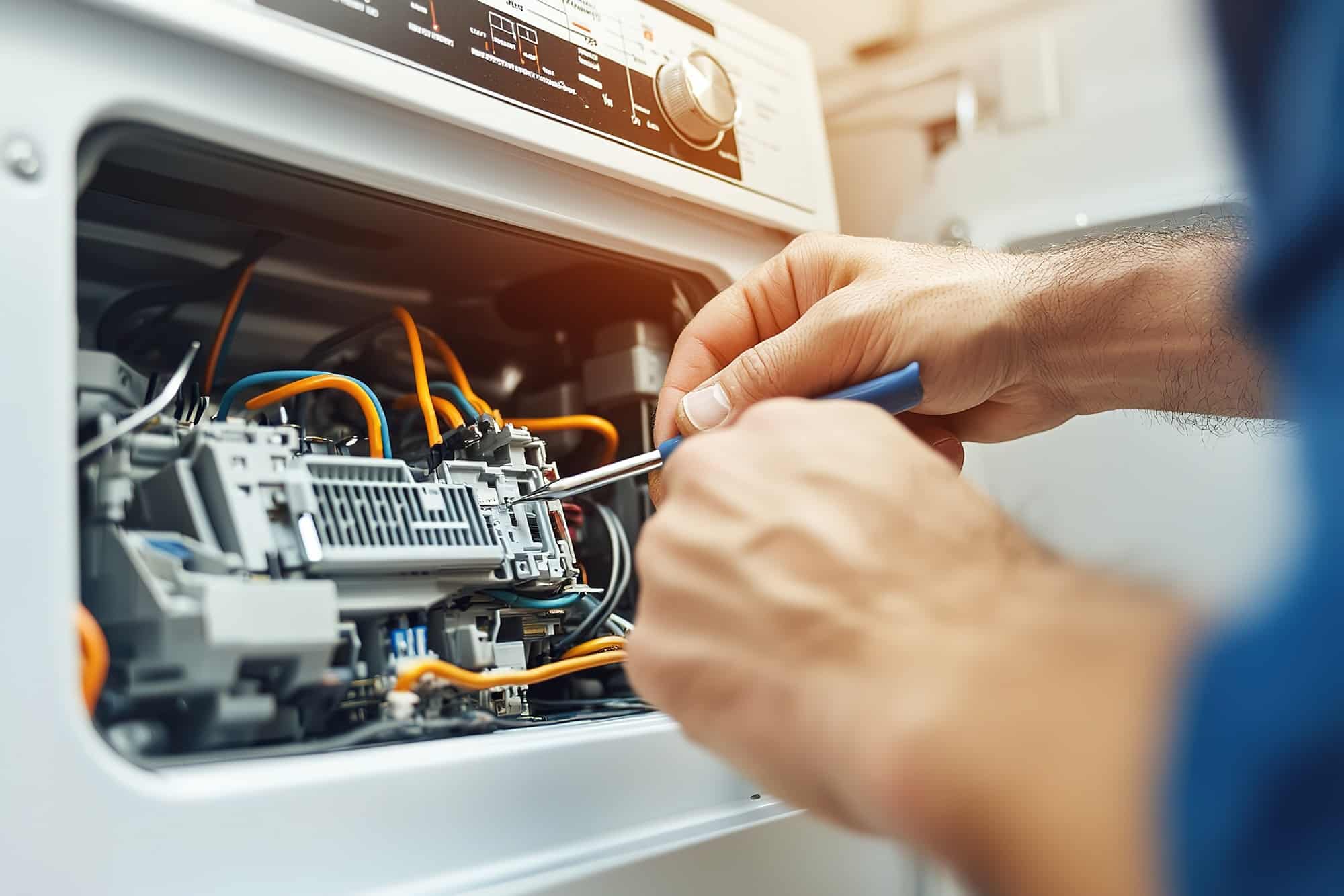 Electrician repairing circuit boards in washing machine with screwdriver and cables